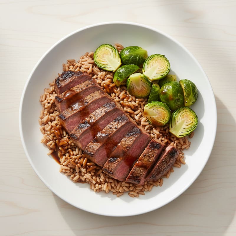Grilled Steak and Brown Rice Bowl with Steamed Brussels Sprouts
