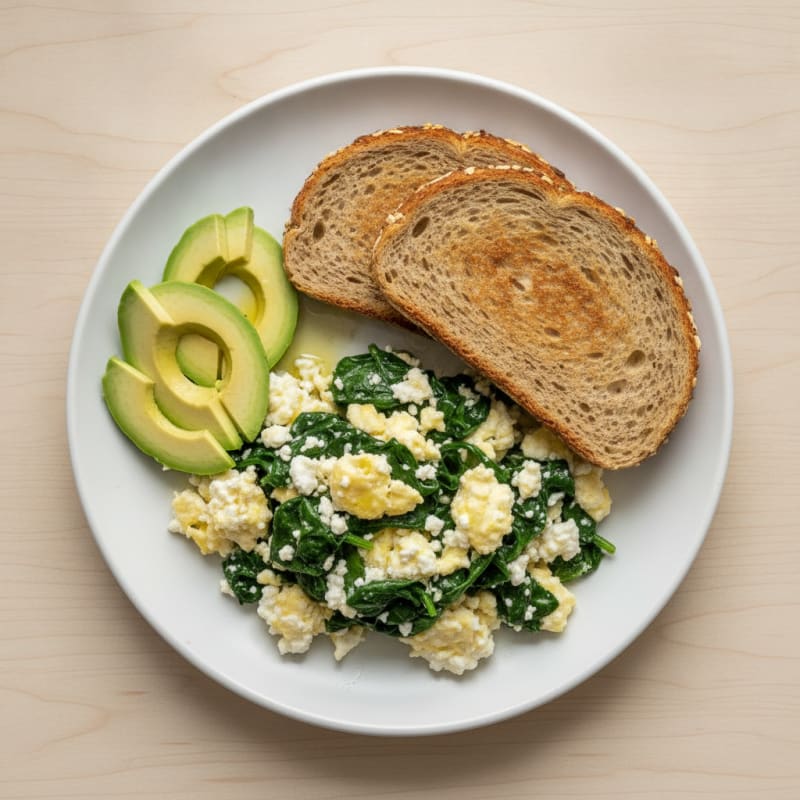 Scrambled Eggs with Cottage Cheese and Sautéed Spinach
