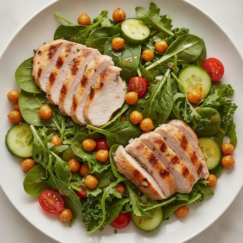 Grilled Turkey Breast Salad with Roasted Chickpeas and Mixed Greens