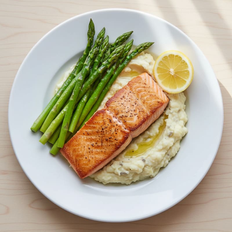 Seared Salmon with Steamed Asparagus and Garlic Mashed Cauliflower
