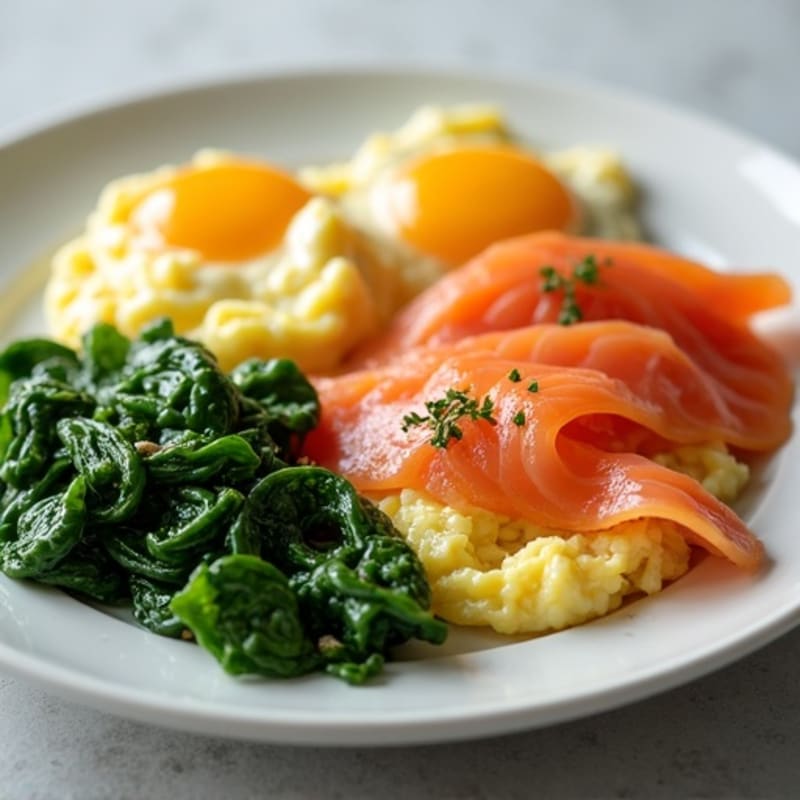 Scrambled Eggs with Smoked Salmon and Sautéed Spinach