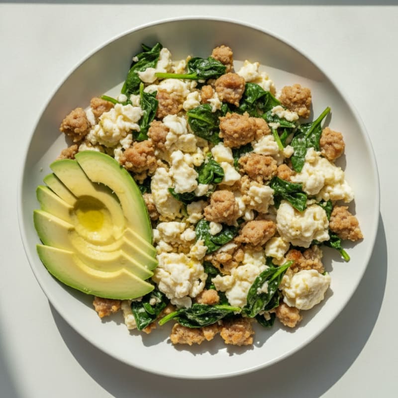 Scrambled Egg Whites with Turkey Sausage and Sautéed Spinach