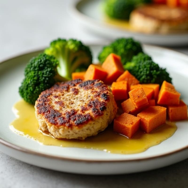 Seared Turkey Patties with Roasted Sweet Potato and Steamed Broccoli