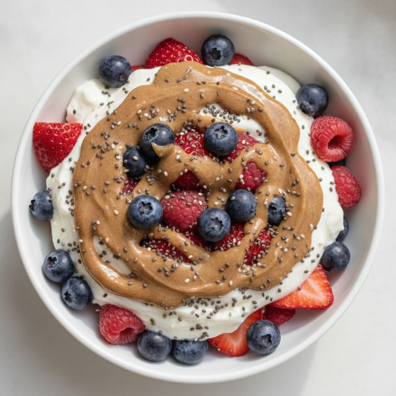 Greek Yogurt Protein Parfait with Mixed Berries and Almond Butter