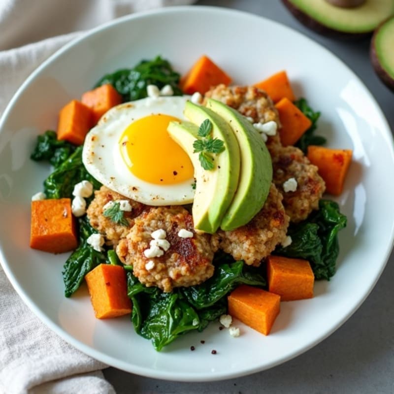 Egg White and Turkey Sausage Scramble with Sautéed Spinach, Sweet Potato, and Feta Avocado Topping