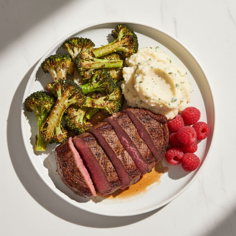 Seared Lean Beef Steak with Roasted Broccoli and Garlic Mashed Cauliflower