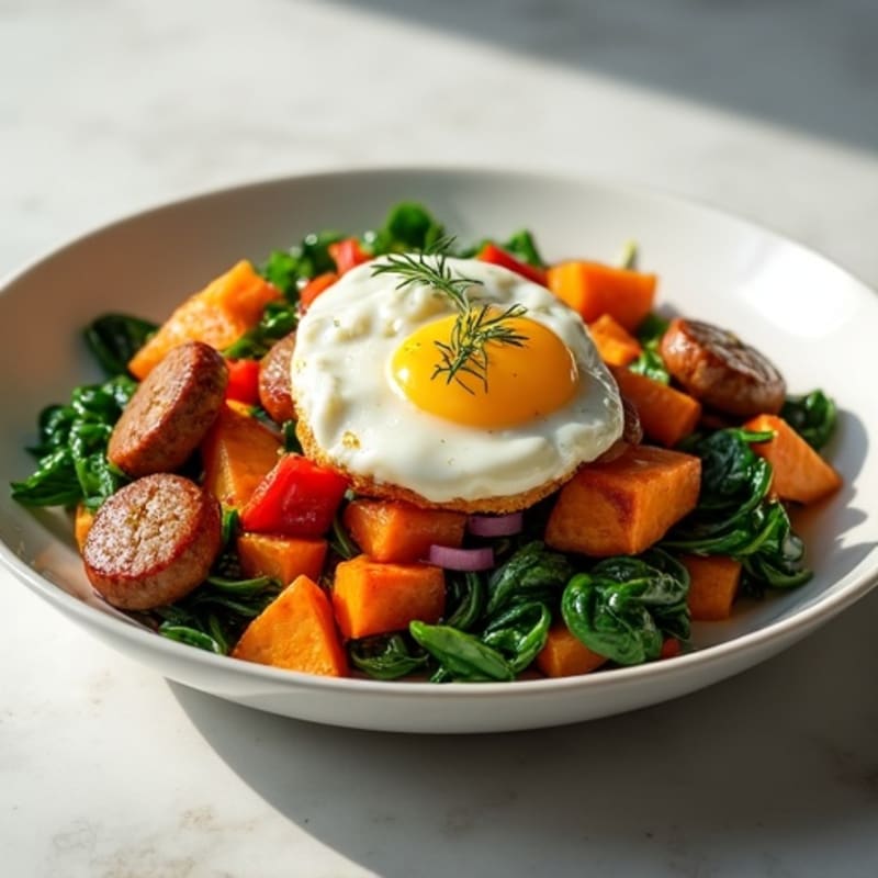 Turkey Sausage and Sweet Potato Hash with Sautéed Spinach