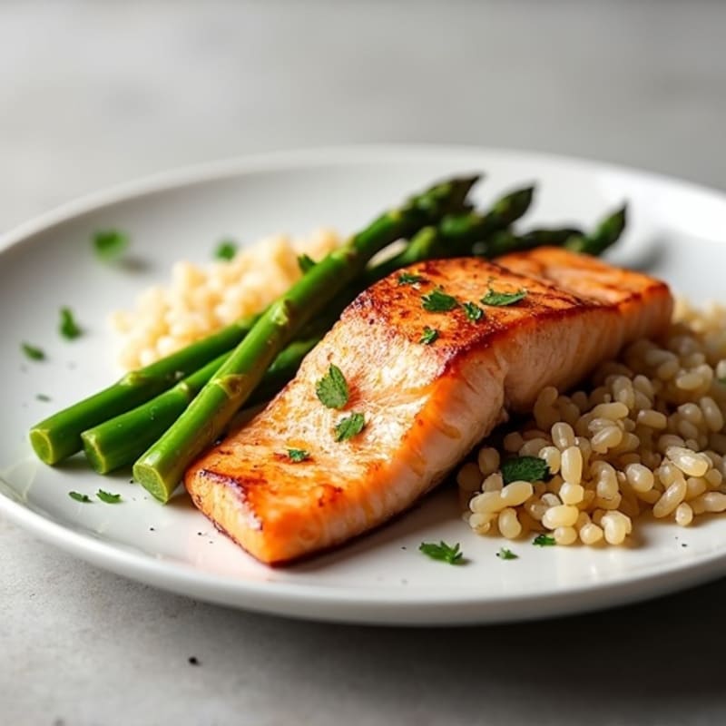 Seared Salmon with Steamed Asparagus and Brown Rice