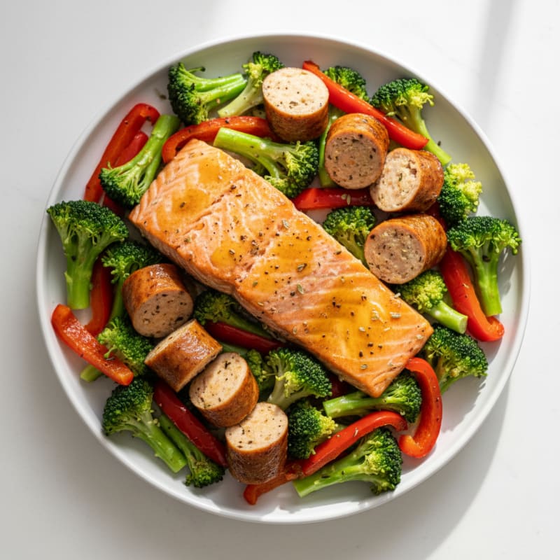 Sausage and Salmon with Roasted Vegetables
