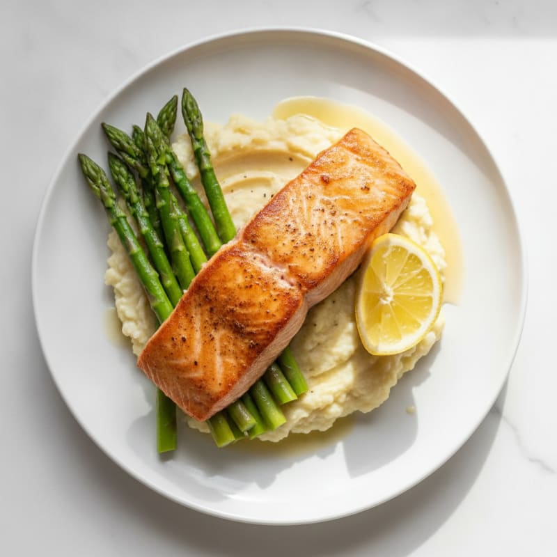 Seared Salmon Fillet with Steamed Asparagus and Garlic Mashed Cauliflower