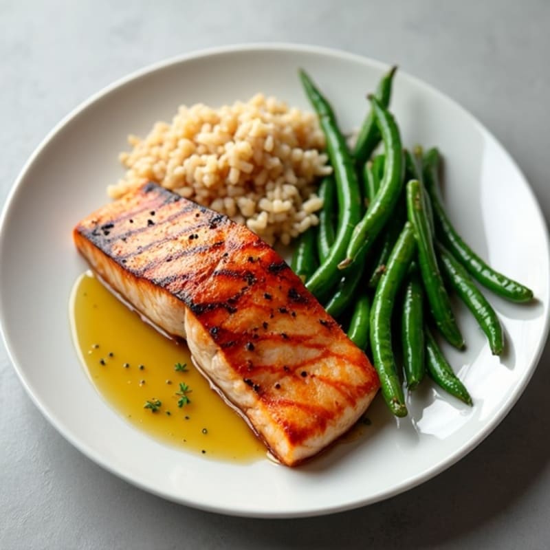 Seared Salmon Fillet with Garlic Green Beans and Brown Rice