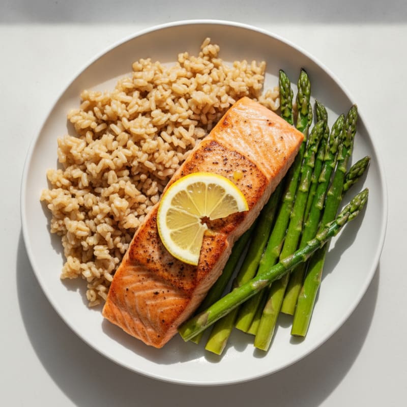 Seared Salmon Fillet with Steamed Asparagus and Brown Rice