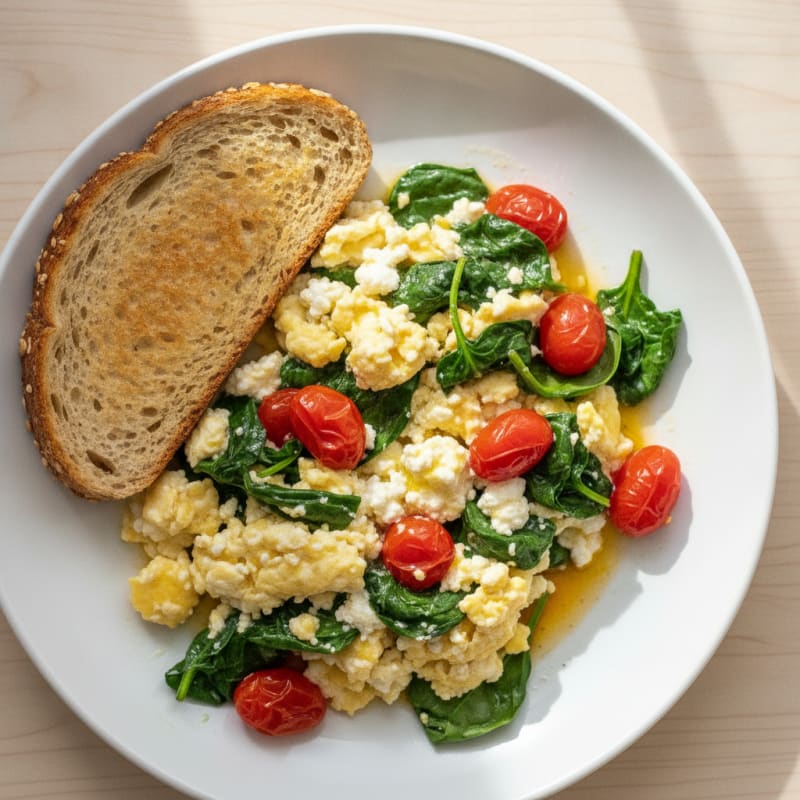 Cottage Cheese and Egg Scramble with Spinach and Cherry Tomatoes