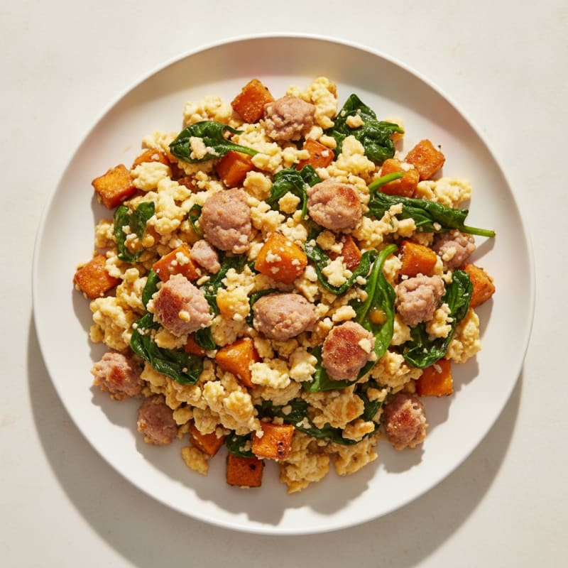 Crispy Turkey Sausage and Egg White Scramble with Spinach