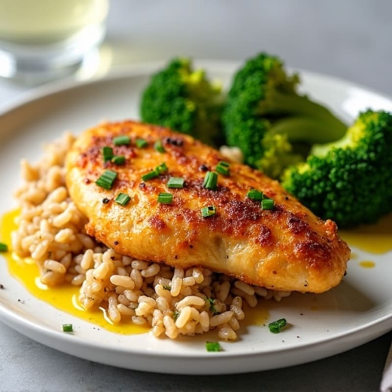 Crispy Lemon-Herb Chicken with Fluffy Brown Rice and Roasted Broccoli