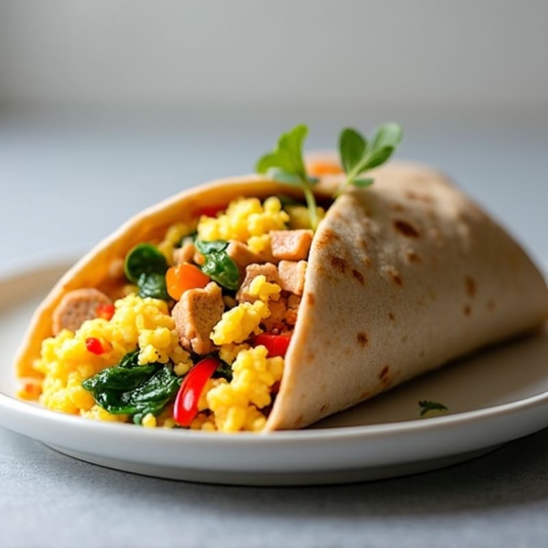 Fluffy Scrambled Egg and Lean Turkey Sausage Whole Wheat Breakfast Burrito with Sautéed Vegetables