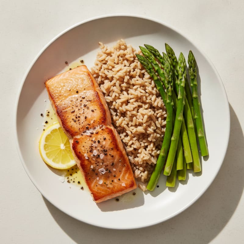 Seared Salmon with Steamed Asparagus and Brown Rice