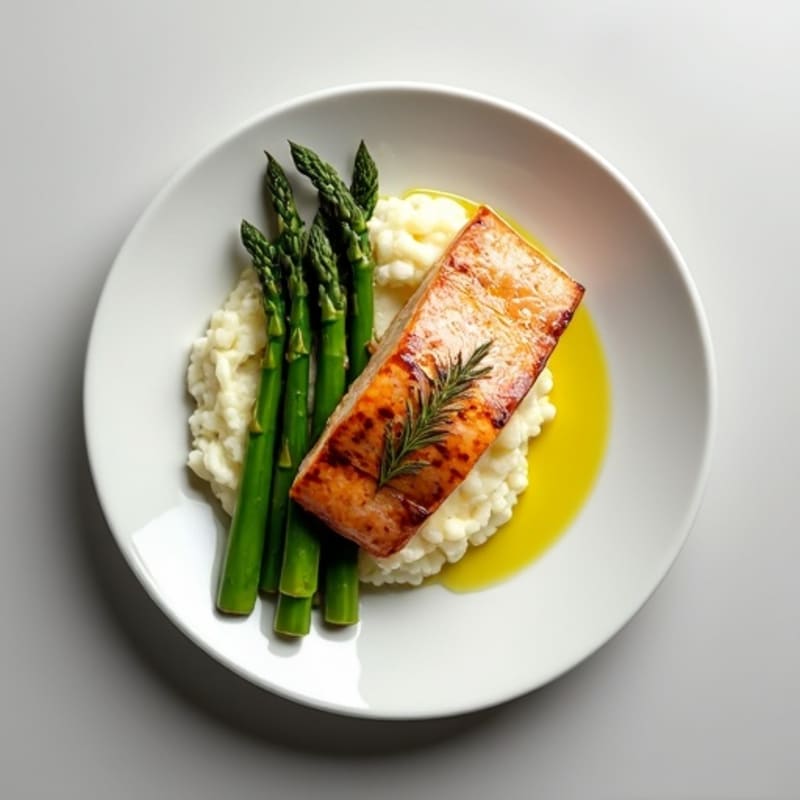 Seared Salmon Fillet with Steamed Asparagus and Cauliflower Mash