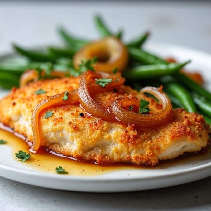 Crispy Baked Chicken Breast with Sweet Caramelized Onions and Roasted Green Beans