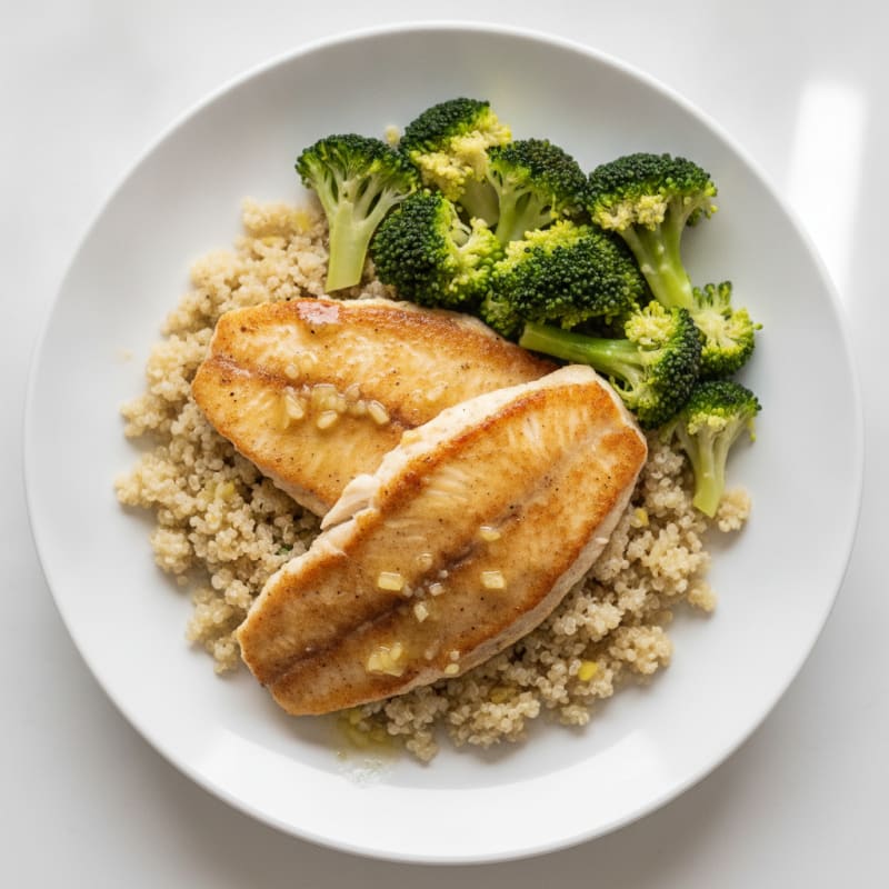 Seared Tilapia with Steamed Broccoli and Quinoa