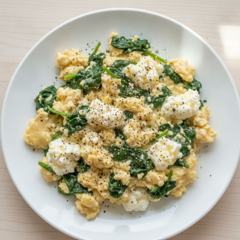 Egg White Scramble with Cottage Cheese and Sautéed Spinach