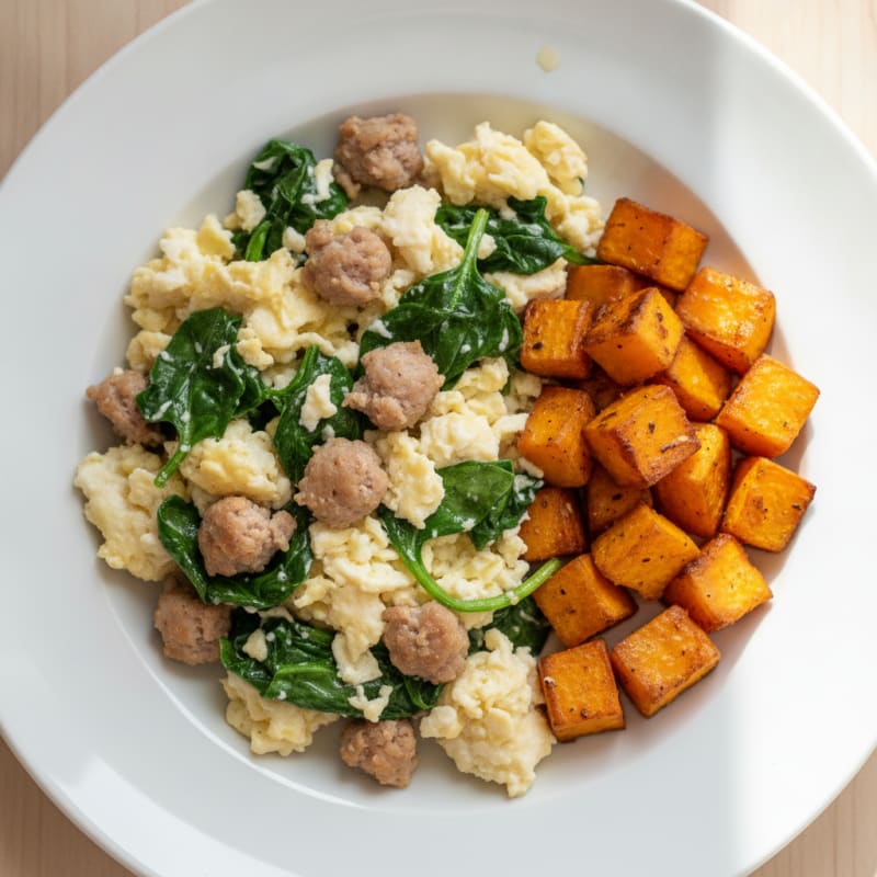 Egg White and Turkey Sausage Scramble with Spinach and Roasted Sweet Potato