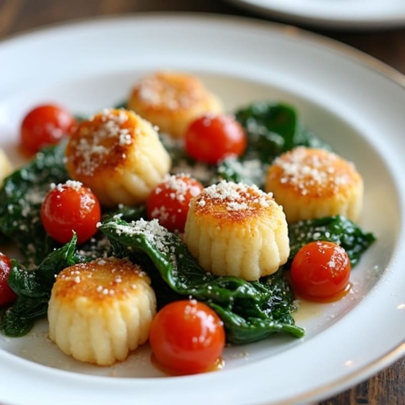 Crispy Ricotta Gnocchi with Garlicky Spinach and Burst Cherry Tomatoes