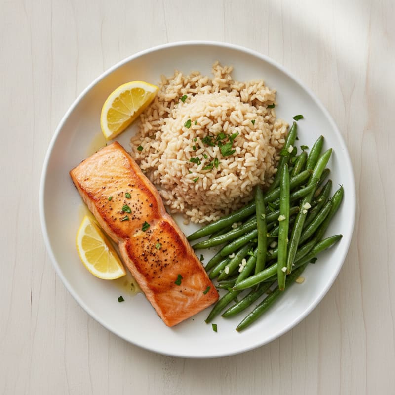 Seared Salmon with Garlic Green Beans and Brown Rice