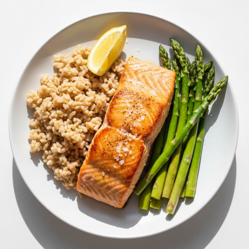 Seared Salmon with Steamed Asparagus and Brown Rice