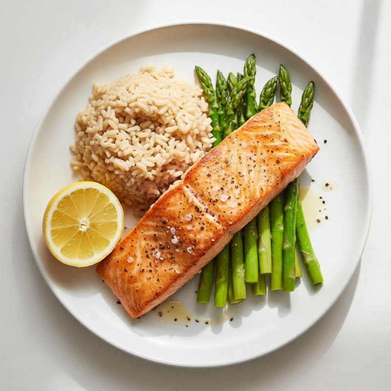 Seared Salmon Fillet with Steamed Asparagus and Brown Rice