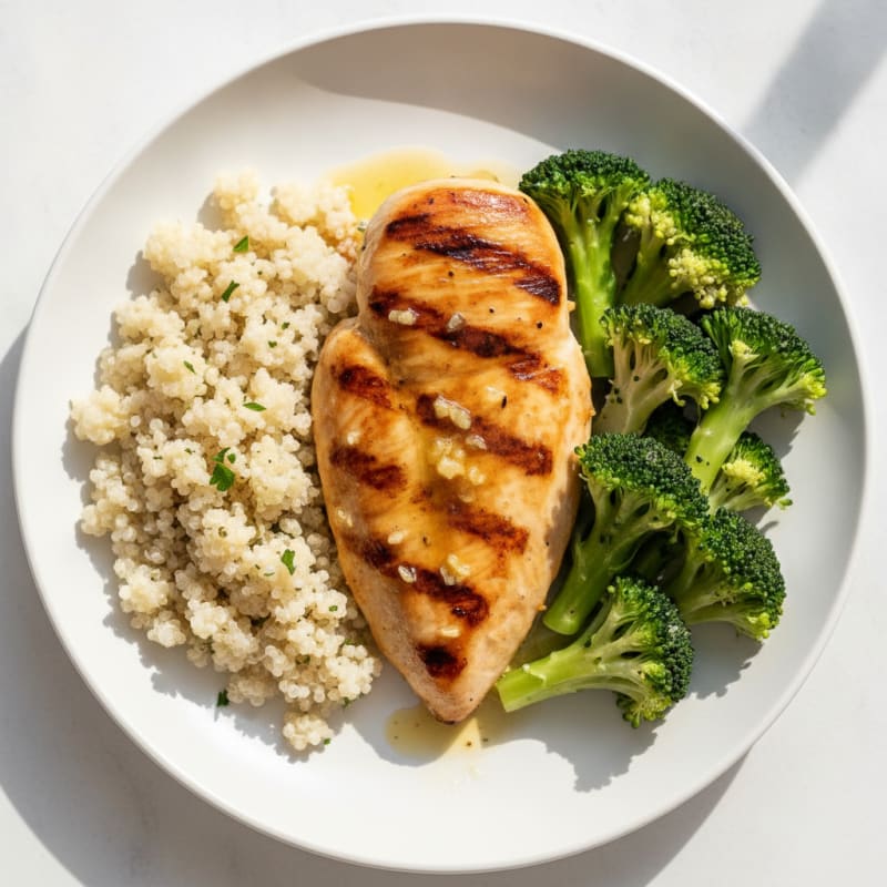 Grilled Lemon-Garlic Chicken Breast with Steamed Broccoli and Quinoa