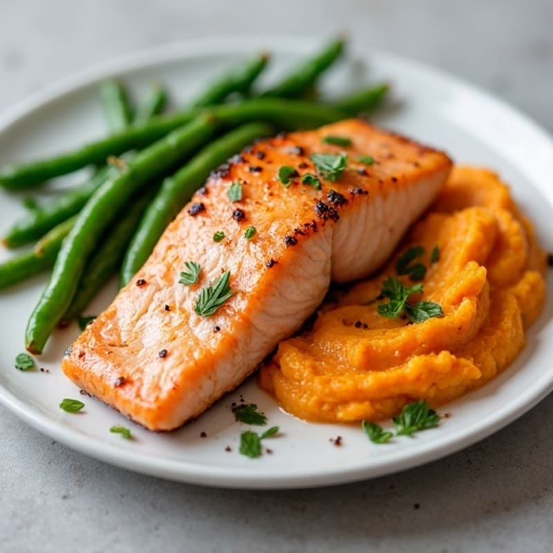 Seared Salmon with Garlic Green Beans and Sweet Potato Mash