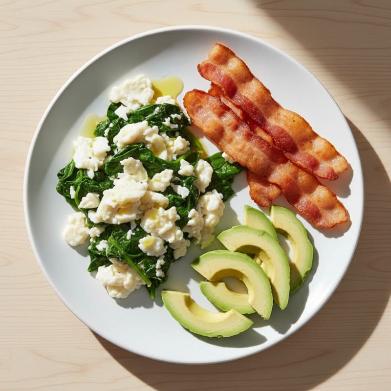 Scrambled Egg Whites with Sautéed Spinach and Turkey Bacon
