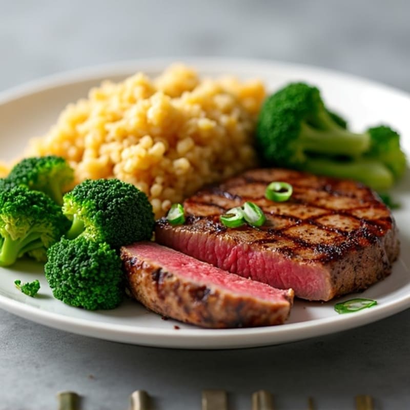 Seared Steak with Steamed Broccoli and Garlic Quinoa