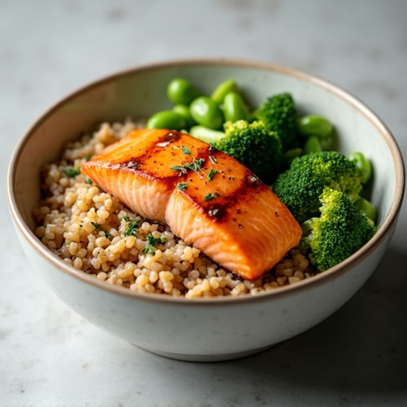 Grilled Salmon Rice Bowl with Roasted Broccoli and Edamame