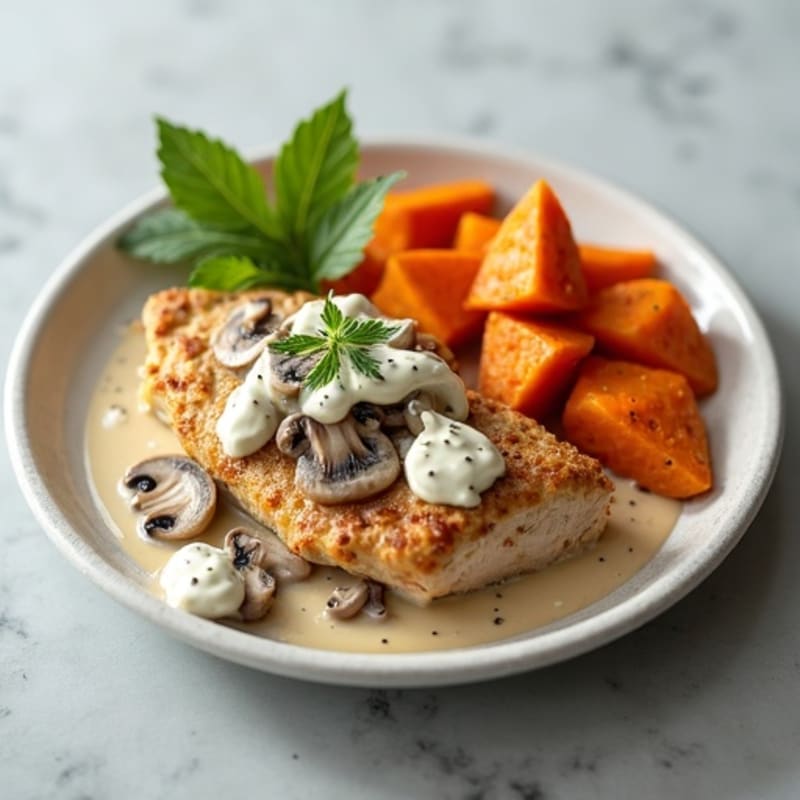 Creamy Chicken and Mushroom with Roasted Sweet Potatoes