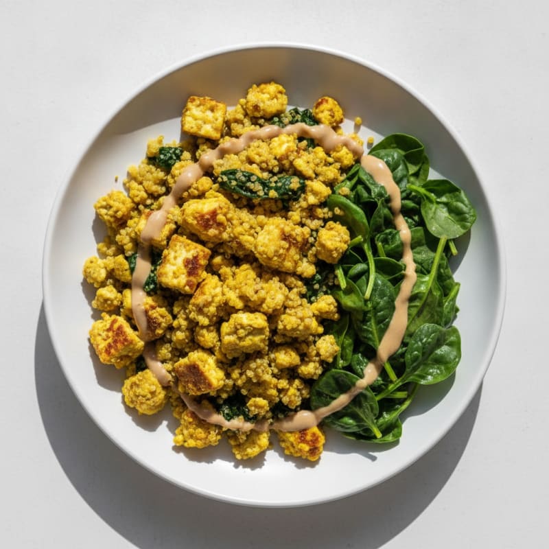 Creamy Tofu Scramble with Sautéed Spinach and Quinoa