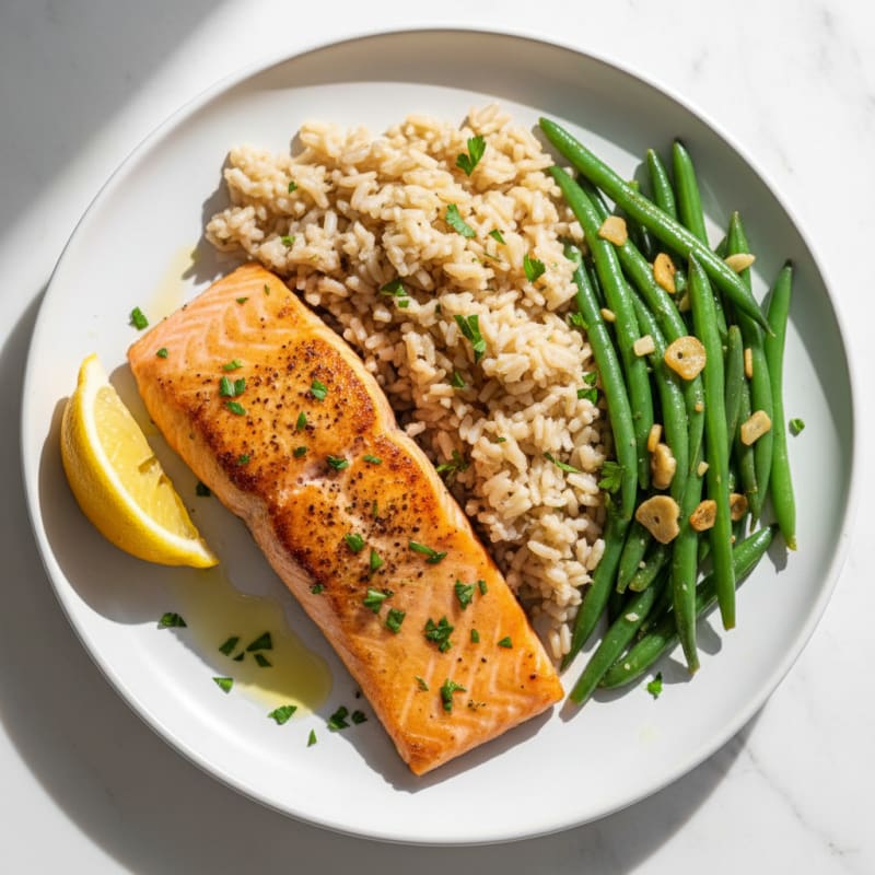 Seared Salmon Filet with Garlic Green Beans and Herb Brown Rice