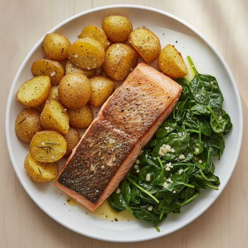 Pan-Seared Salmon with Roasted Potatoes and Greens