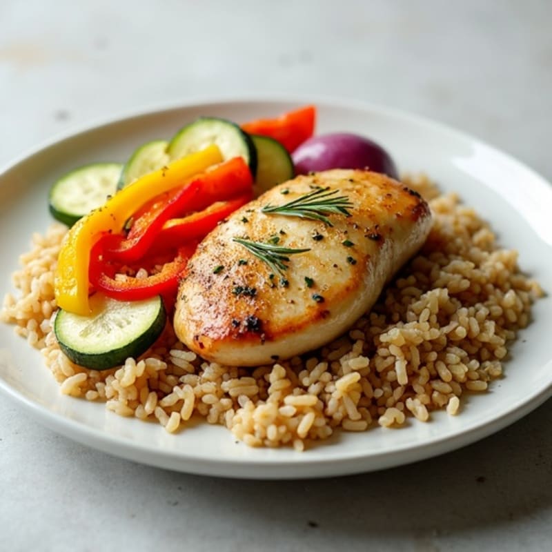 Herb-Roasted Chicken with Garlic Rice and Roasted Vegetable Medley