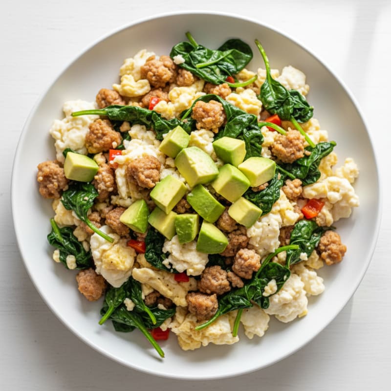 Egg White Scramble with Turkey Sausage and Sautéed Spinach