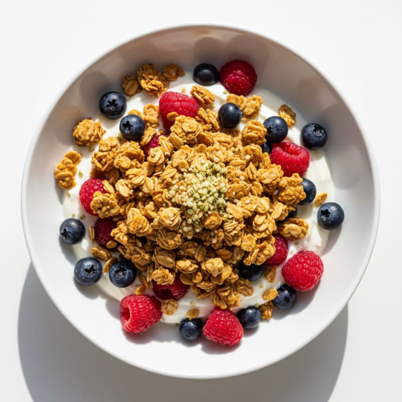 Greek Yogurt Parfait with Crunchy Almond Granola and Mixed Berries