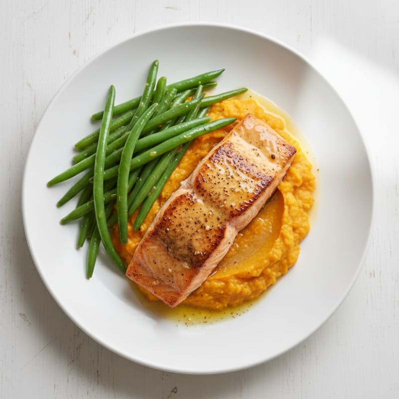Seared Salmon with Steamed Green Beans and Sweet Potato Mash