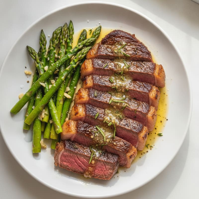 Pan-Seared Sirloin with Garlic-Herb Ghee and Sautéed Asparagus