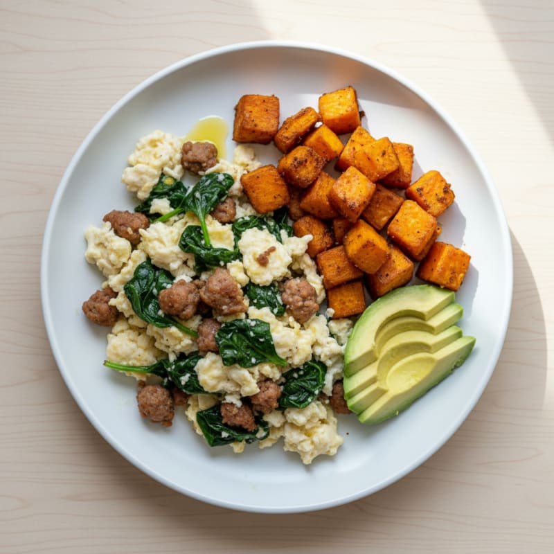 Egg White and Turkey Sausage Scramble with Sautéed Spinach
