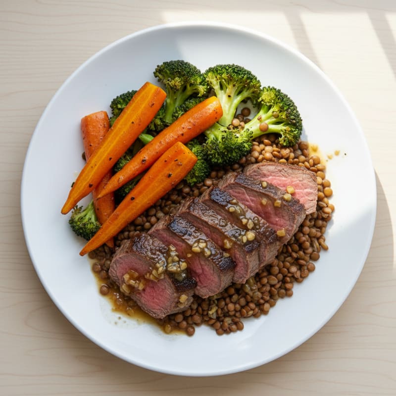 Seared Lean Beef with Roasted Broccoli and Carrots