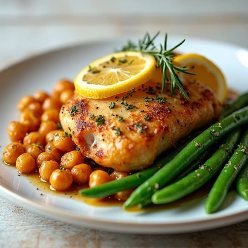 Roasted Lemon Herb Chicken Thighs with Crispy Chickpeas and Green Beans