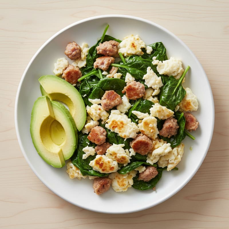 Egg White Scramble with Turkey Sausage and Sautéed Spinach