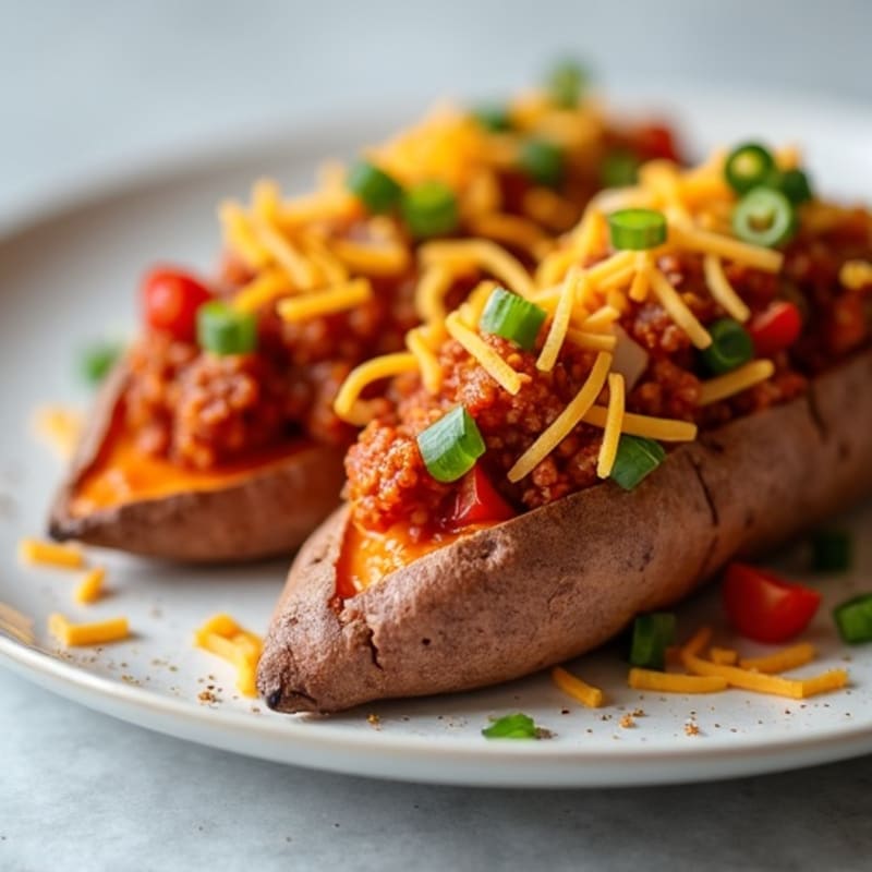 Crispy Baked Sweet Potatoes Loaded with Lean Turkey Chili and Sharp Cheddar
