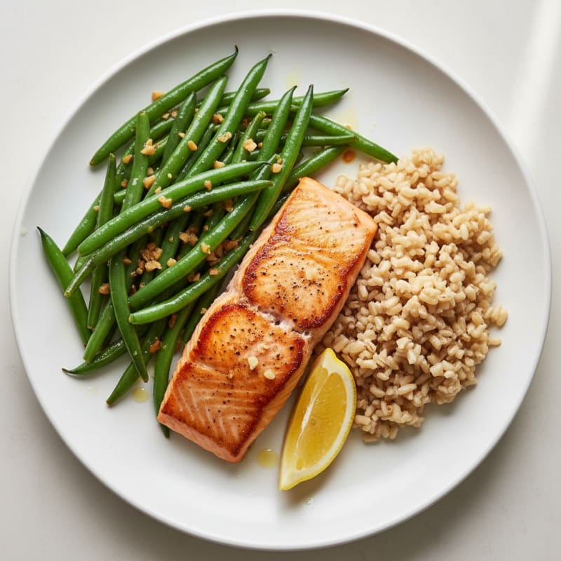 Seared Salmon Fillet with Garlic Green Beans and Brown Rice